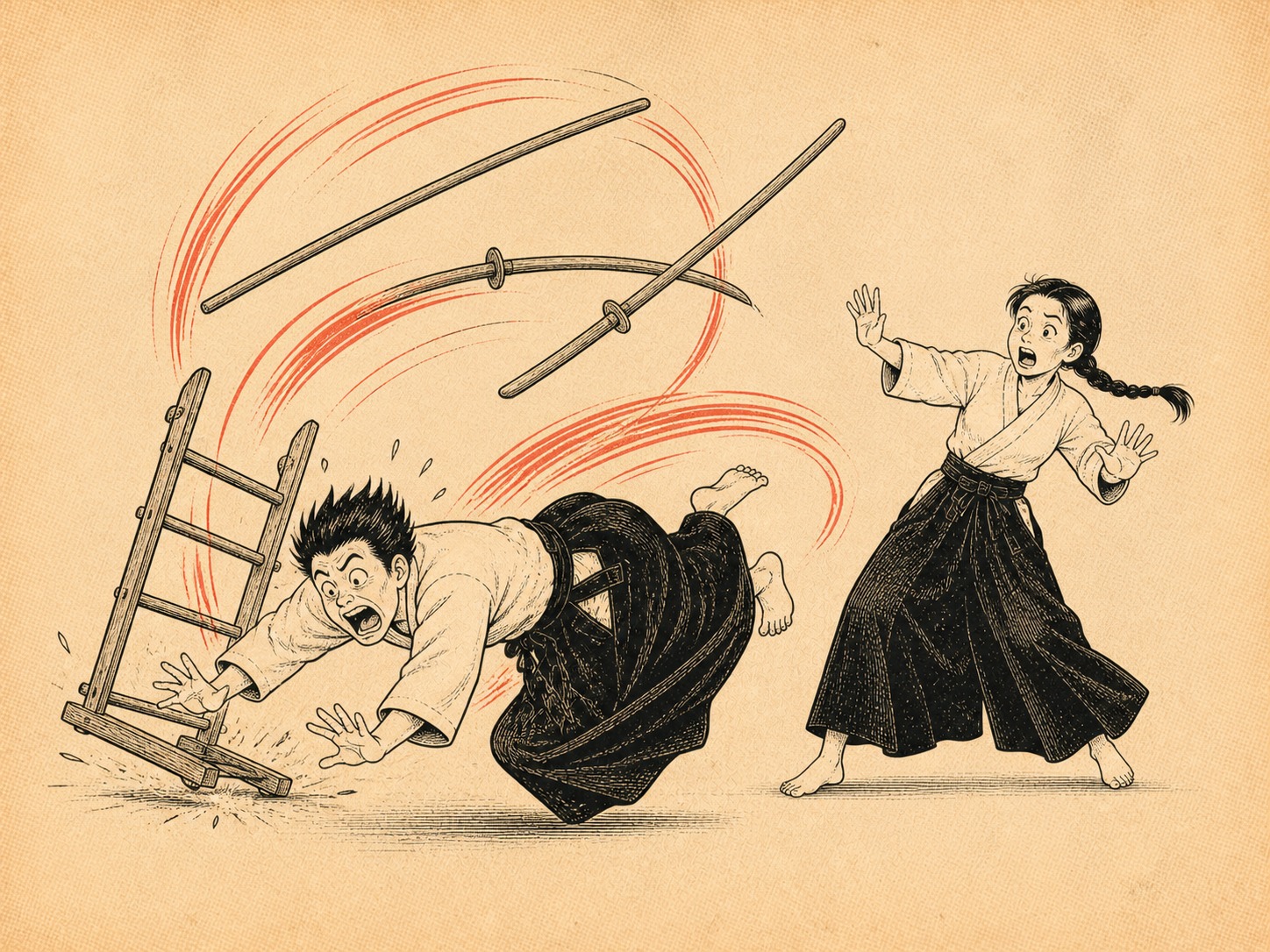 Uke tripping on their own hakama hem